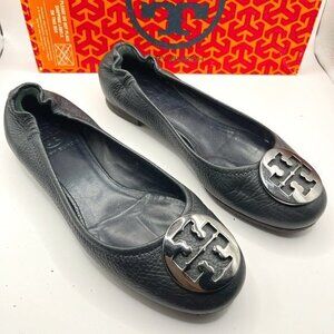 Tory Burch Reva Navy Pewter Leather Ballet Flats with‎ Metal Logo Size 6.5